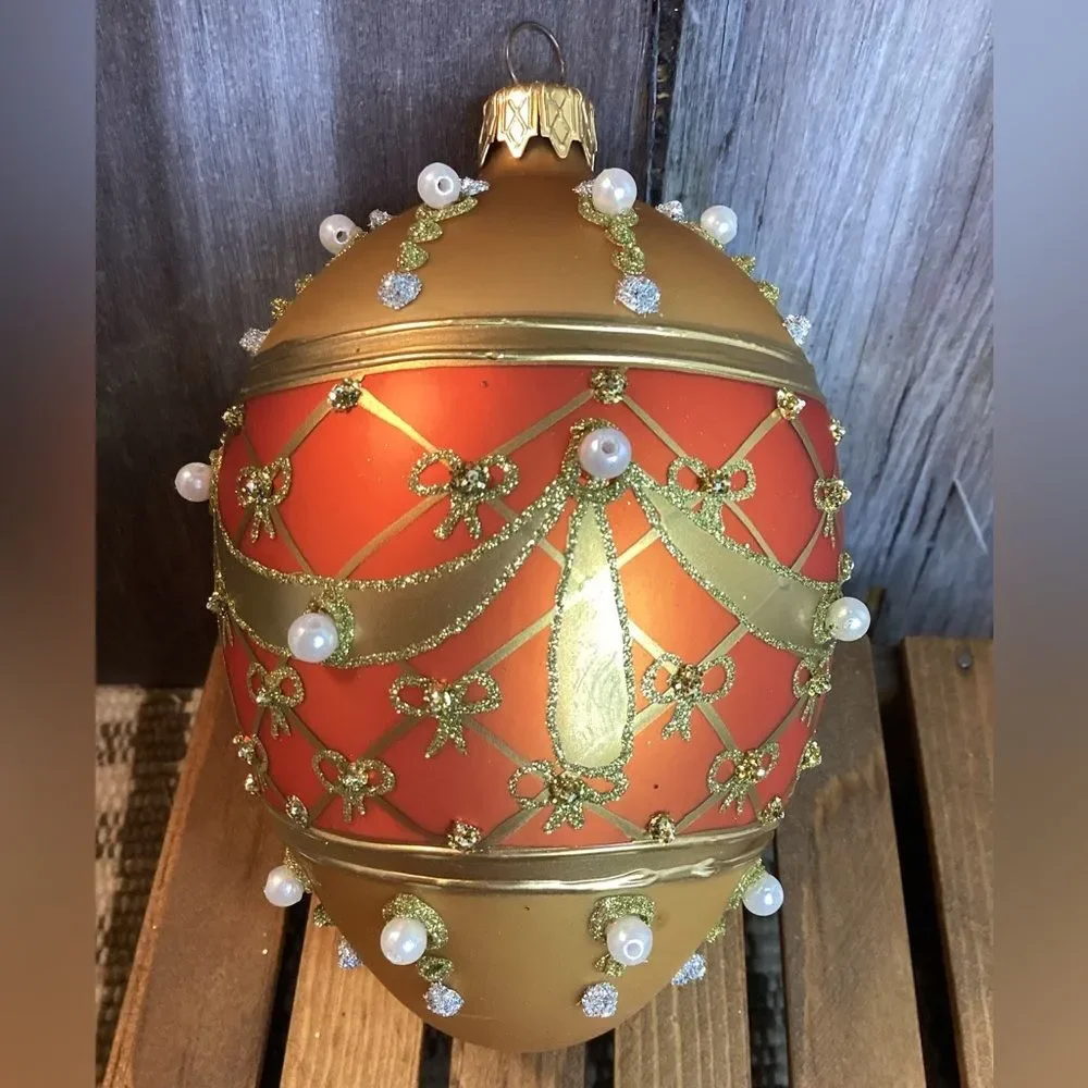 The Museum Company Festive Gold and Red Ornamental Egg with Pearl Details